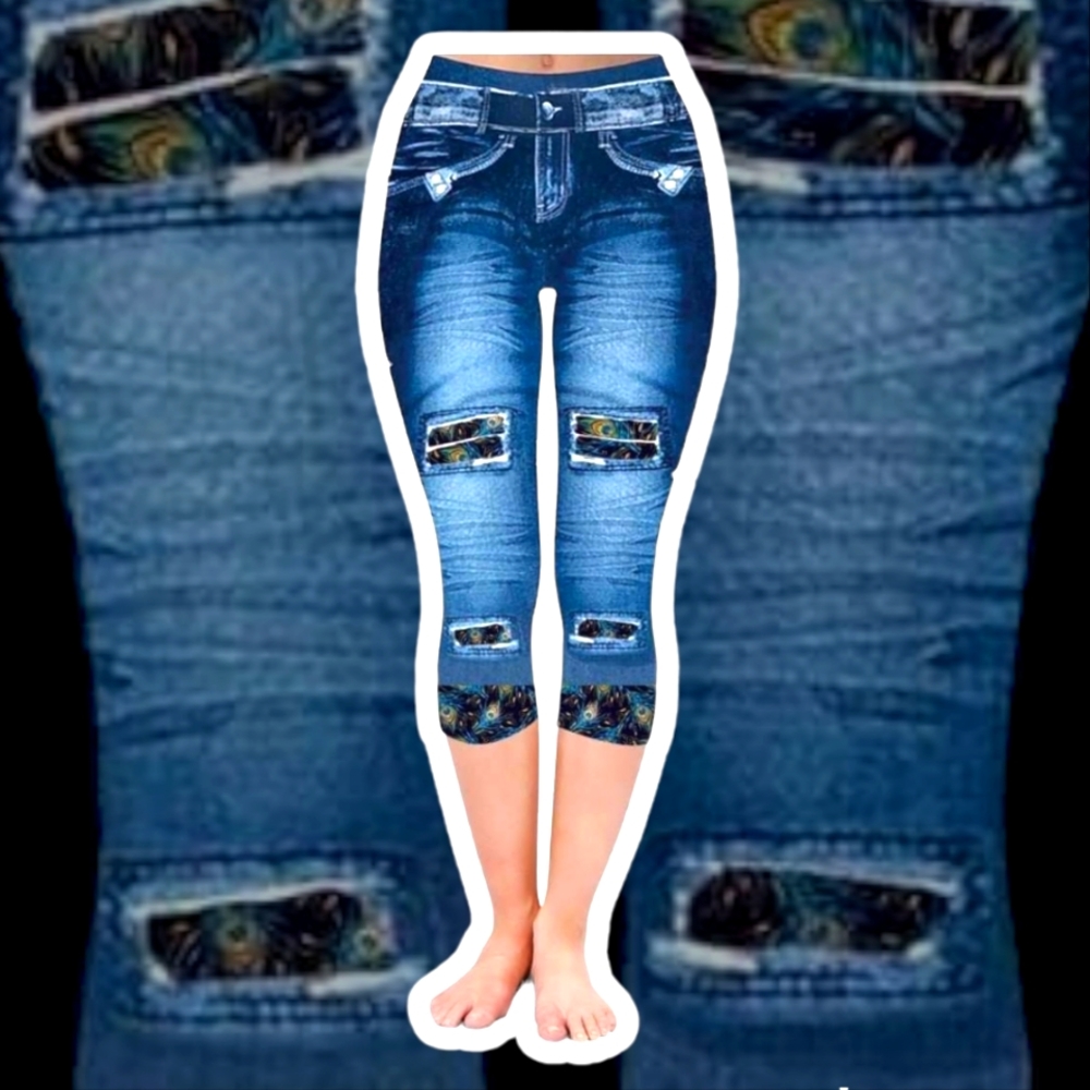 Faux denim peacock feather peek-a-boo capri legging